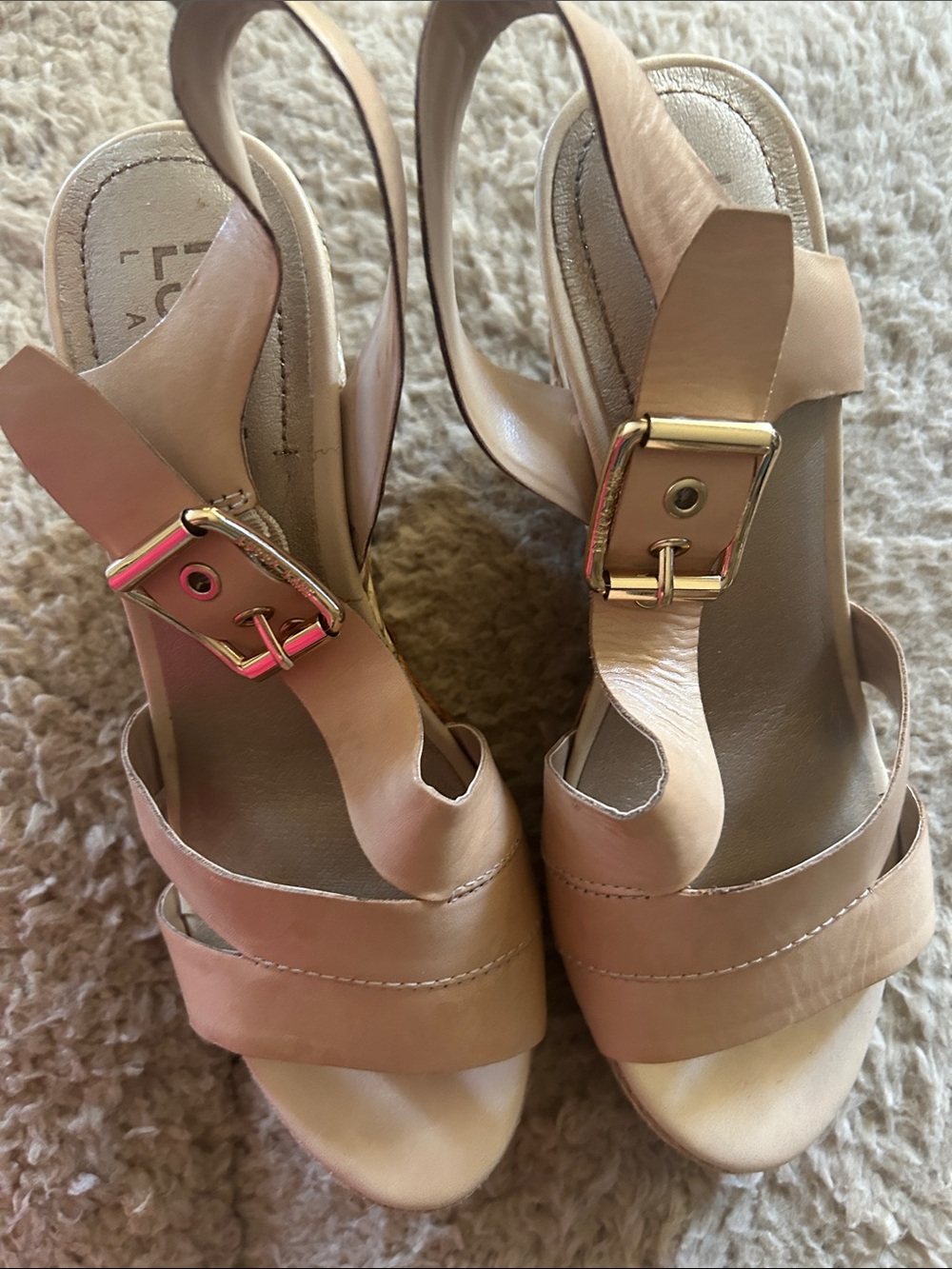 Neutral Tan Leather Slingback Heels with Gold Buckle